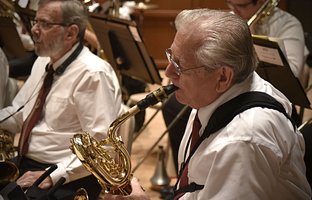 Bari sax performing at a jazz gig